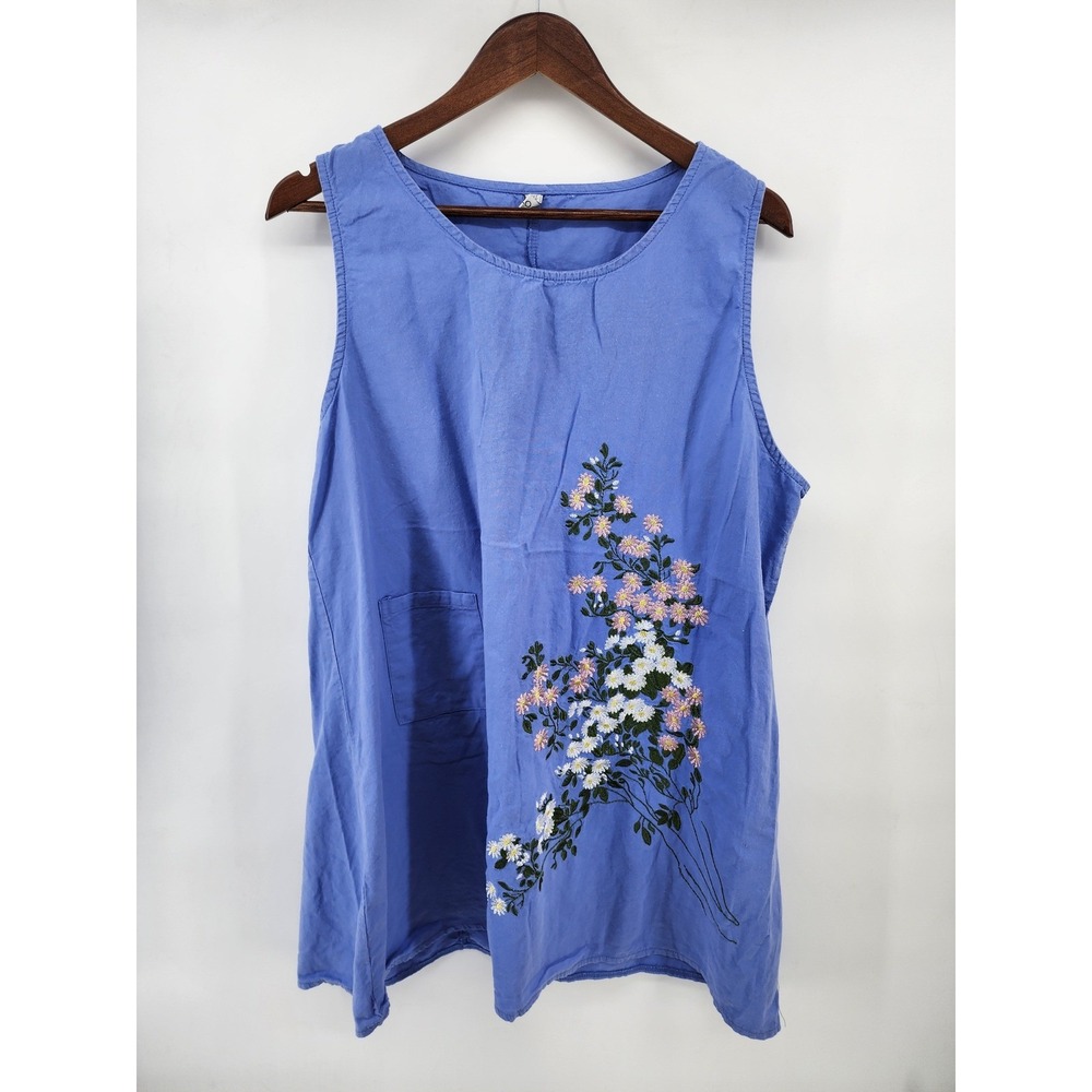Misslook Womens Blue Floral Embroidered Sleeveless Cotton Blend Top Size 1XL‎